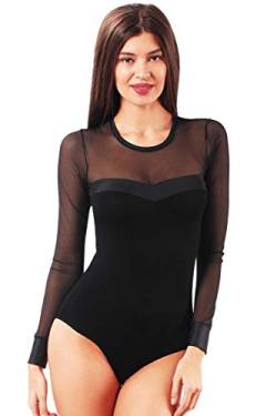 VEDATS Damen Body Langarm Rundhals Bodysuit mit transparentem Netzeinsatz (L) von VEDATS