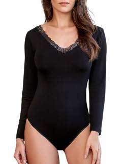 VEDATS Damen Body Langarm V-Ausschnitt Bodysuit mit Spitze (M) von VEDATS