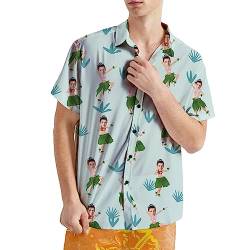 VEELU Personalisiert Hawaii Hemd Männer mit Gesicht und Name Funky Hawaiihemd Herren Kurzarm Vordertasche Urlaub Sommer Gras-Rock Bedruckter Strand Beilaufig Hawaii Hemdt von VEELU