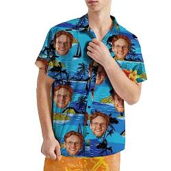 VEELU Personalisiert Hawaii Hemd Männer mit Gesicht und Name Funky Hawaiihemd Herren Kurzarm Vordertasche Urlaub Sommer Kokosnussbäume Bedruckter Strand Beilaufig Hawaii Hemdt von VEELU