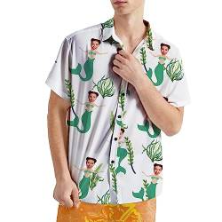 VEELU Personalisiert Hawaii Hemd Männer mit Gesicht und Name Funky Hawaiihemd Herren Kurzarm Vordertasche Urlaub Sommer Meerjungfrau Bedruckter Strand Beilaufig Hawaii Hemdt von VEELU