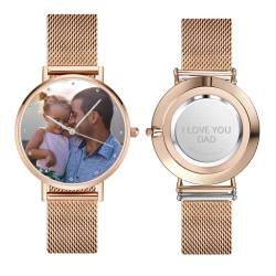 VEELU Personalisierte Foto Armbanduhr für Damen mit Gravur Text Uhr Metallarmband in Silber/Rosegold Geburtstagsgeschenk für Mutter Freundin Familie von VEELU