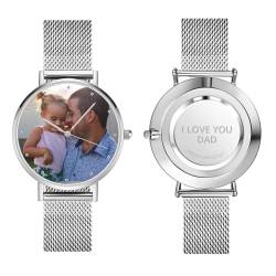 VEELU Personalisierte Foto Armbanduhr für Damen mit Gravur Text Uhr Metallarmband in Silber/Rosegold Geburtstagsgeschenk für Mutter Freundin Familie von VEELU