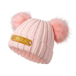 VEELU Personalisierte Kinder Mütze mit Namen Bommel Wintermütze Unisex Beanie Mütze Geschenk für Tochter Bommel Warme Damen Mütze Winter Strickmütze Einheitsgröße Rosa von VEELU