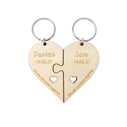 VEELU Schlüsselanhänger Personalisiert Herz Pezzle 2 Pcs aus Holz mit Name Datum Schlüsselbund Gravur Sich Selbst Gestalten Keychain Valentinstag Geburtstag Geschenk für Freundin Paare Liebe Frauen von VEELU