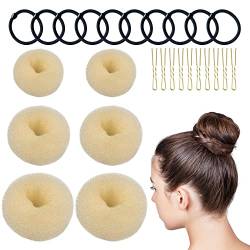 6 Stück Duttkissen, Donut Hair Bun Maker Set mit 10 Elastische Haarband und 10 u-förmige Haarnadeln, VEGCOO Duttkissen klein und groß Nylon Haardonut braun Dutt Hilfe für Kinder Frauen Mädchen(Weiß) von VEGCOO