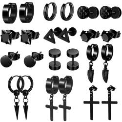 12 Paar Edelstahl Ohrringe für Herren Damen Schwarz Creolen Zirkonia Ohrstecker Set Feder Kreuz Anhänger Ohrringe Hoop Ohrringe Schwarz Silber von VELESAY