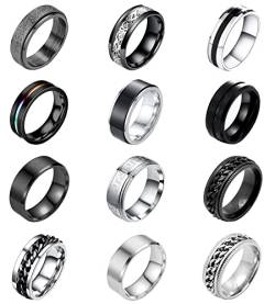 12 Stück Ringe Herren Edelstahl Ring Silber Männer Ehering Verlobung Versprechen Vintage Edelstahl Ring Spinner Fidget Antistress Ring Drehbar Damen Flaschenöffner Ringe Matt Finish Poliert Band Ringe von VELESAY