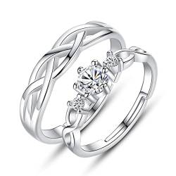 2 Pieces 925 Sterling Silver Ringe für Couple Damen Trauringe Paar Ringe Verstellbar Partnerringe Verlobungsring Hochzeitsring Band Ring Promise Engagement Zirkonia Ring 2 Ringe für Paare Ringe von VELESAY