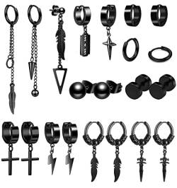 21Pcs Edelstahl Ohrringe Herren Punk Creolen Anhänger Ohrstecker Ohrringe Lange Kette Feder Kreuz Anhänger Ohrringe Schwarze Kpop Huggie Ohrringe Set von VELESAY