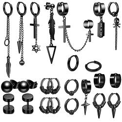 24 Stücke Edelstahl Ohrringe Herren Punk Creolen Anhänger Ohrstecker Ohrringe Lange Kette Feder Kreuz Anhänger Ohrringe Schwarze Kpop Huggie Gothic Ohrringe Set von VELESAY