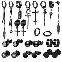 24PCS Edelstahl Ohrringe Herren Punk Creolen Anhänger Ohrstecker Ohrringe Lange Kette Feder Kreuz Anhänger Ohrringe Schwarze Kpop Huggie Gothic Ohrringe Set von VELESAY