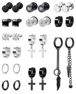 26 STÜCKE Edelstahl Ohrringe Herren Runde Schwarz Damen Ohrringe Kreuz Creolen Anhänger Ohrringe Set Kleine Kpop Huggie Ohrringe Punk Gothic Hoop Ohrstecker Silber Schwarz von VELESAY