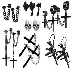 7Paare Schwarz Ohrringe für Männer Frauen Herren Punk Y2K Gothic Ohrringe Hippie Axt Schädel Ohrringe Hänge Kreuz Ohrring Ohrstecker Set Modeschmuck Halloween Ohrringe von VELESAY