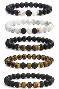 VELESAY 5 Pieces Lavastein Beads Armbänder Perlen Lava Tigerauge Armband Natürliche Perlen Lava Armband für Frauen Herren Armbänder Set Geburtstagsgeschenk von VELESAY