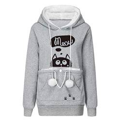 VEMOW Damen Kapuzenpullover mit Carrier für Kleine Katze Hunde Große Tasche Hoodie Sweatshirt Langarm Herbst Winter Pulli mit Kapuze Loose Damen Katzenpulli（X-Grau，38） von VEMOW Damen