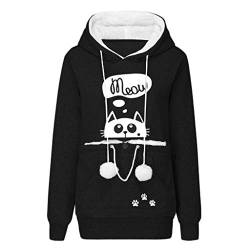 VEMOW Damen Kapuzenpullover mit Carrier für Kleine Katze Hunde Große Tasche Hoodie Sweatshirt Langarm Herbst Winter Pulli mit Kapuze Loose Damen Katzenpulli（X-Schwarz，34） von VEMOW Damen