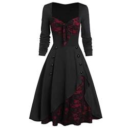 VEMOW Weihnachtskleid Damen Vintage Cocktailkleid mit Geknöpfter Bowknot Kleider Rundkragen Drucken Party Swing Festlich Kleid Abiballkleid Elegant Ballkleid von VEMOW Kleider