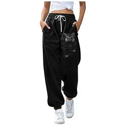 Jogginghose Damen Katze Tierdruck Sporthose Jogger Fitness High Waist Baumwolle Lang Freizeithosen Lässige Loose Sweathose mit Taschen Kordelzug Trainingshose Sweatpant (Black, S) von VEMOW