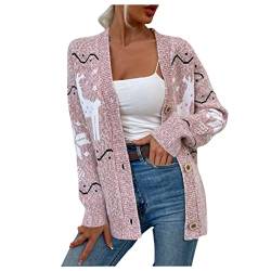 Strickjacke Weihnachten Damen Strickmantel Loose Fit Strick Cardigan Herbst Winter Casual Open Front Sweater Cardigan Outwear Frauen Weihnachten Rentier Elch Drucken Strickjacke mit Knöpfen und Tasche von VEMOW