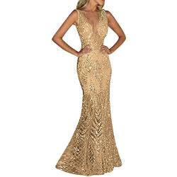 VEMOW Damen Abendkleid Gold Paillettenkleid Sexy V-Ausschnitt Spaghettikleid Lang Ballkleid Glitzer Kleid Damen Elegant Cocktail Abendkleider (X2-Gold, S) von VEMOW