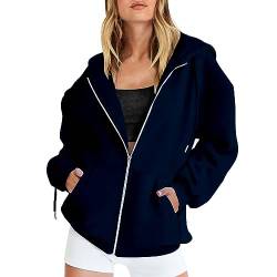 VEMOW Damen Sweatjacke mit Taschen Kordelzug Lässig Lockeres Reissverschluss Langarm Kapuzenjacke Damen Hoodie Damen Einfarbig Y2k Oversize Sweatshirt (X8-Navy, XL) von VEMOW