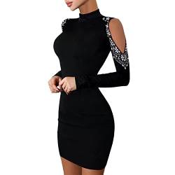 VEMOW Frauen-Mode reizvollen schlanken Kleid Glitter geteilten Saum Kontrast Netzkleidern Turbogramm Langarm-Kalte Festliche Kleider Für Damen Elegant von VEMOW