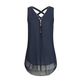 VEMOW Heißer Sommer Damen Mädchen Frauen Tägliche Beiläufige Art Und Weise Lose Sleeveless Trägershirt Kreuz Zurück Saum Layed Zipper V-Ausschnitt T-Shirts Tops Pullover(Blau, 50 DE / 4XL CN) von VEMOW