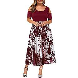 VEMOW Plus Size Elegante Damen Frauen Casual Kurzarm Kalt Schulter Boho Blumendruck Casual Täglichen Party Strand Langes Kleid Schulterfrei Strandkleid(X1-b-Türkis, 54 DE / 5XL CN) von VEMOW