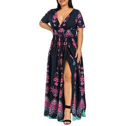 VEMOW Plus Size Elegante Damen Frauen Casual Kurzarm Kalt Schulter Boho Blumendruck Casual Täglichen Party Strand Langes Kleid Schulterfrei Strandkleid(Y3-Violett, 54 DE / 5XL CN) von VEMOW