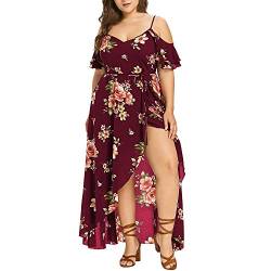 VEMOW Plus Size Elegante Damen Frauen Casual Kurzarm Kalt Schulter Boho Blumendruck Casual Täglichen Party Strand Langes Kleid Schulterfrei Strandkleid von VEMOW