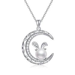 VENACOLY Bunny Halskette Sterling Silber Mond Perle Anhänger Halskette Niedliche Tierschmuck Geschenke für Frauen von VENACOLY