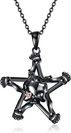 VENACOLY Schwarzes Pentagramm Halskette Sterling Silber Steampunk Schwarzer Totenkopf Anhänger Halskette Pentagramm Gothic Schmuck Halloween Geschenke für Frauen Männer von VENACOLY