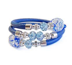 VENEZIA CLASSICA - Damen-Armband mit Perlen aus original Muranoglas und echtem Toskana Leder, Kollektion Diana, Modell Contrarie mit Silberblatt, Blau von VENEZIA CLASSICA