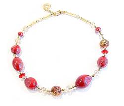 VENEZIA CLASSICA - Damen-Halskette mit Perlen aus Muranoglas, Kollektion Gloria, Rot mit Blatt aus 24 Karat Gold, hergestellt in Italien, Glas, Silber, Gold, Perlen von VENEZIA CLASSICA