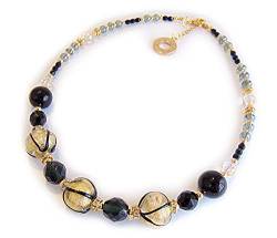 VENEZIA CLASSICA - Damen Halskette mit echte Murano Glas Perlen, Kollektion Aida, Perlen mit 24kt Blattgold und schwarze Maserung, Handgemacht in Italien von VENEZIA CLASSICA