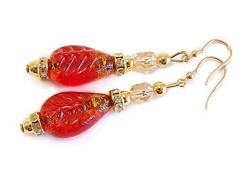 VENEZIA CLASSICA - Damen-Ohrringe mit Perlen aus Muranoglas, Kollektion Ginger, mit Blatt aus 24-karätigem Gold rot von VENEZIA CLASSICA