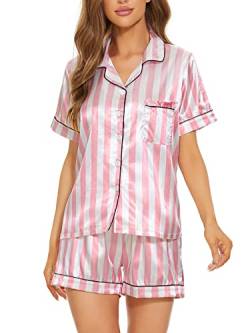 VENTELAN Damen Pyjama-Set Übergröße Superweiches Kurz- & Langarm Oberteil mit Hose Zweiteiliges Pyjama-Set, Pink-gestreift, S von VENTELAN