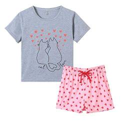 VENTELAN Pyjama-Set für Damen, niedlich, PJS, kurze Ärmel, Shorts, Nachtwäsche, Graue Katze, M von VENTELAN