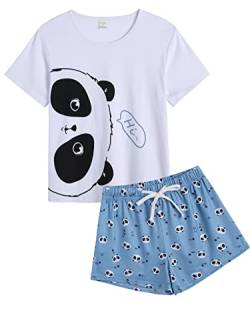 VENTELAN Pyjama-Set für Damen, niedlich, PJS, kurze Ärmel, Shorts, Nachtwäsche, White-Panda, S von VENTELAN