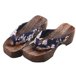 Flip Flops Japanische Clog Sandalen,Frauen Clogs Pantoffeln,Gebrannte Tung Holzschuhe,rutschfeste und Verschleißfeste Holzschuhe,mit Einer Höhe Von 5.5CM(Size:EU 38,Color:Blau) von VENYAA
