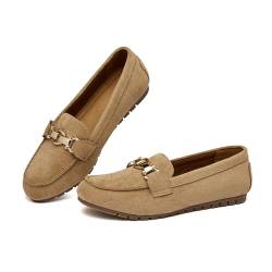 VERDASCO Damen Breite Loafers Schuhe Niedliche Flats Schuhe Mokassin Penny Loafers Slip On Arbeitsschuhe Freizeitschuhe Damen Komfort Wanderschuhe, Khaki-Samt, 37 EU von VERDASCO