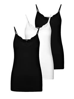 VERO MODA Damen 3er-Pack Spaghetti-Träger Top Oberteil Lingerie Shirt Spitze, Farbe:Schwarz/Weiß, Größe:L von VERO MODA