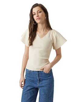 VERO MODA Damen Geripptes Rüschen T-Shirt Kurzarm V-Neck Top Strick Stretch Shirt Puffer Ärmel VMGINNY, Farben:Beige, Größe:S von VERO MODA