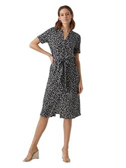 VERO MODA Damen Midi Blusen Kleid Kurzarm V-Ausschnitt Tunika Dress mit Knopfleiste & Gürtel VMVICA, Farben:Schwarz-2,Größe Damen:S von VERO MODA