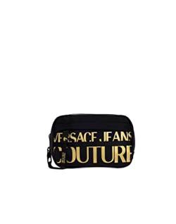 VERSACE JEANS COUTURE Gürteltasche aus schwarzem Nylon mit Fronttasche mit Reißverschluss, goldenes Logo auf der Vorderseite, Gürteltasche mit Reißverschluss, Maße: 17 x 12 x 5 cm, Schwarz von VERSACE JEANS COUTURE