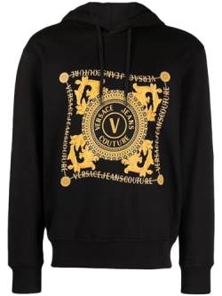 Versace Jeans Couture Sweatshirt mit Kapuze und Aufdruck Logo V-Emblem Schwarz Gold, Schwarz , L Kurz von VERSACE JEANS COUTURE