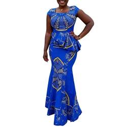 VERWIN Afrikanisches Kleid mit FL¨¹Gel?rmeln und quadratischem Ausschnitt, bodenlang, geometrisches Meerjungfrauen-Maxikleid Blau XL von VERWIN