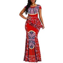VERWIN Afrikanisches Kleid mit Flügelärmeln und quadratischem Ausschnitt, bodenlang, geometrisches Meerjungfrauen-Maxikleid (Large, Rot) von VERWIN
