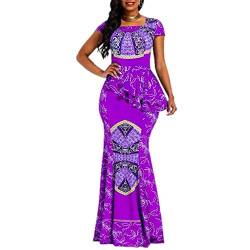 VERWIN Afrikanisches Kleid mit Flügelärmeln und quadratischem Ausschnitt, bodenlang, geometrisches Meerjungfrauen-Maxikleid (Medium, Violett) von VERWIN